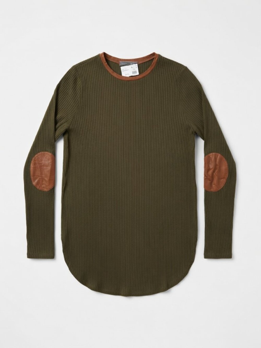 Cherish Ribbed Long Sleeve Tee with Elbow Patches Size L Olive Green